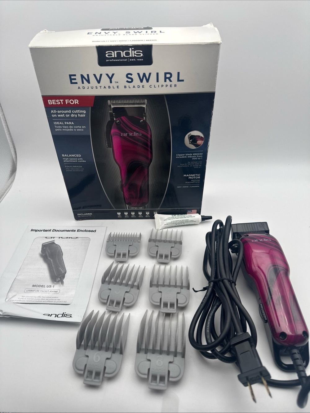 Andis Envy US-1 Hair Clipper Square Blade Electric Burgundy 6 Guards